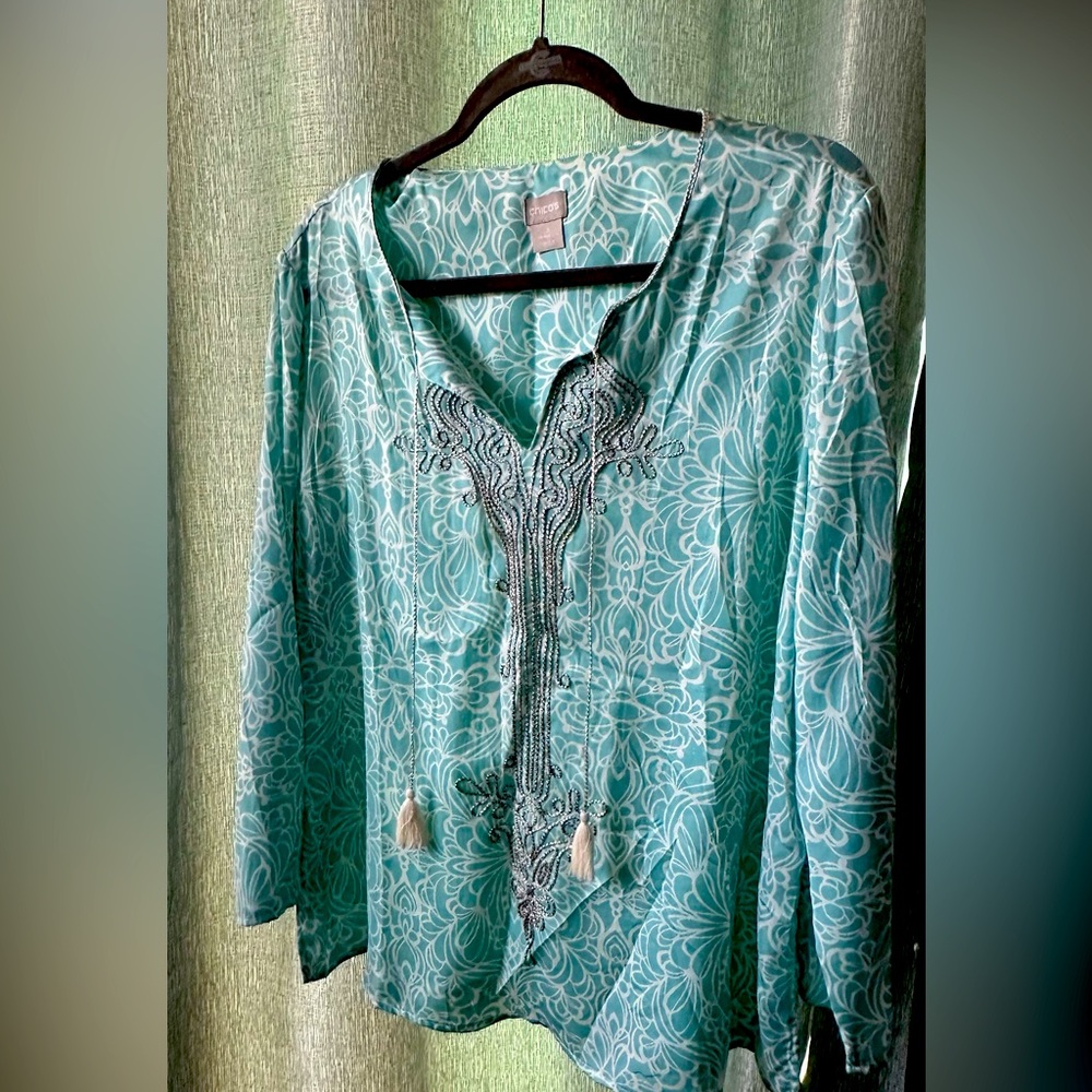 Chico’s turquoise tassel tie tunic size 3